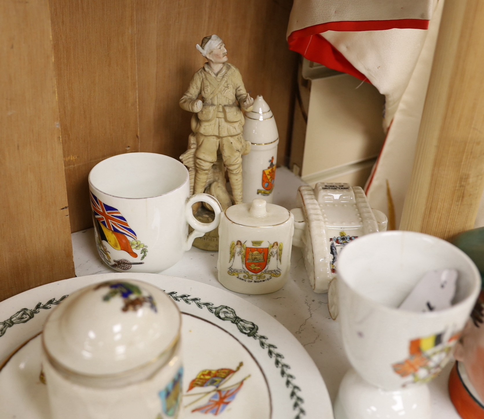 WWI commemorative ceramics - crested china including two Tommy and his Gun models